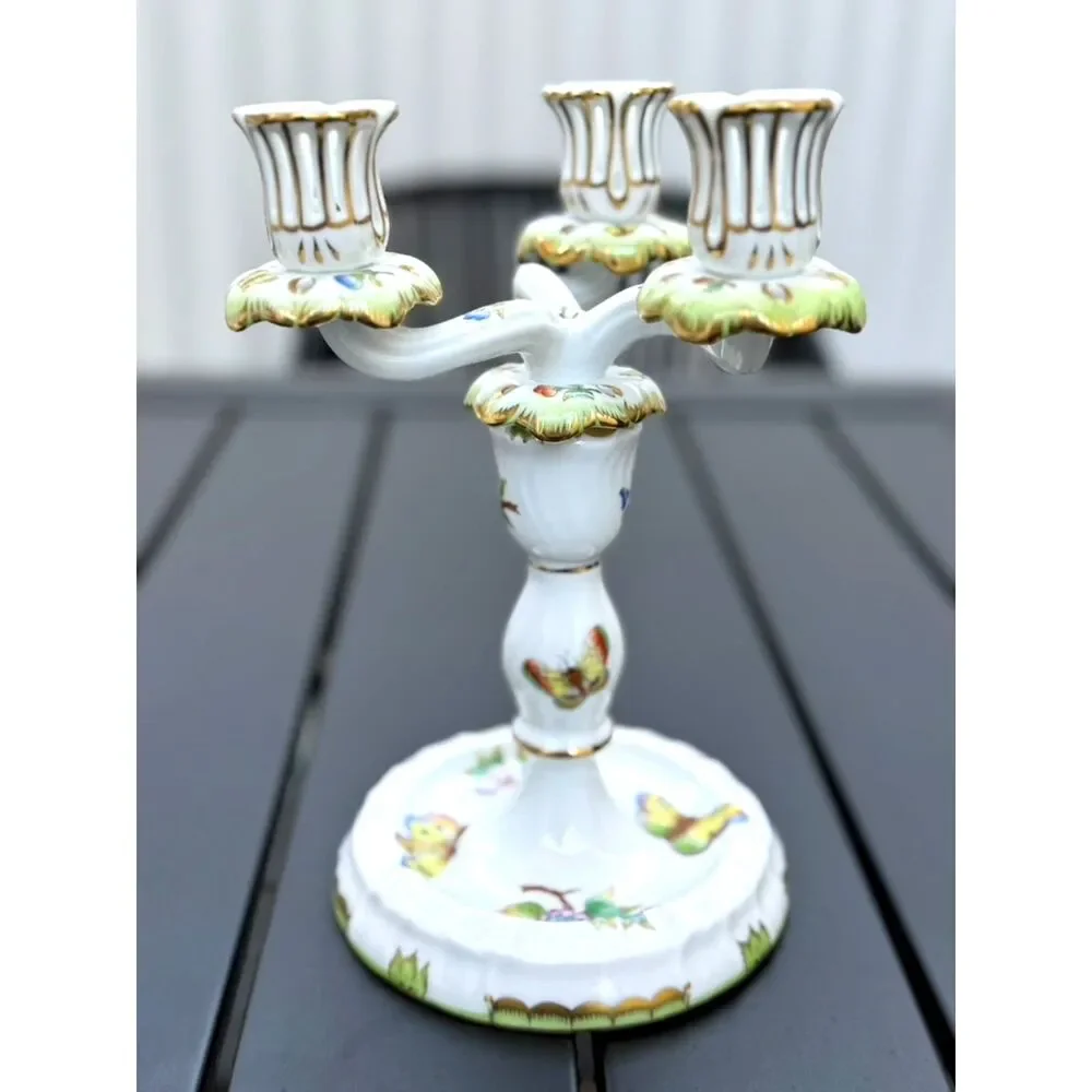 VTG Herend Queen Victoria Green Border Floral Butterfly Triple Candlestick SZ 9